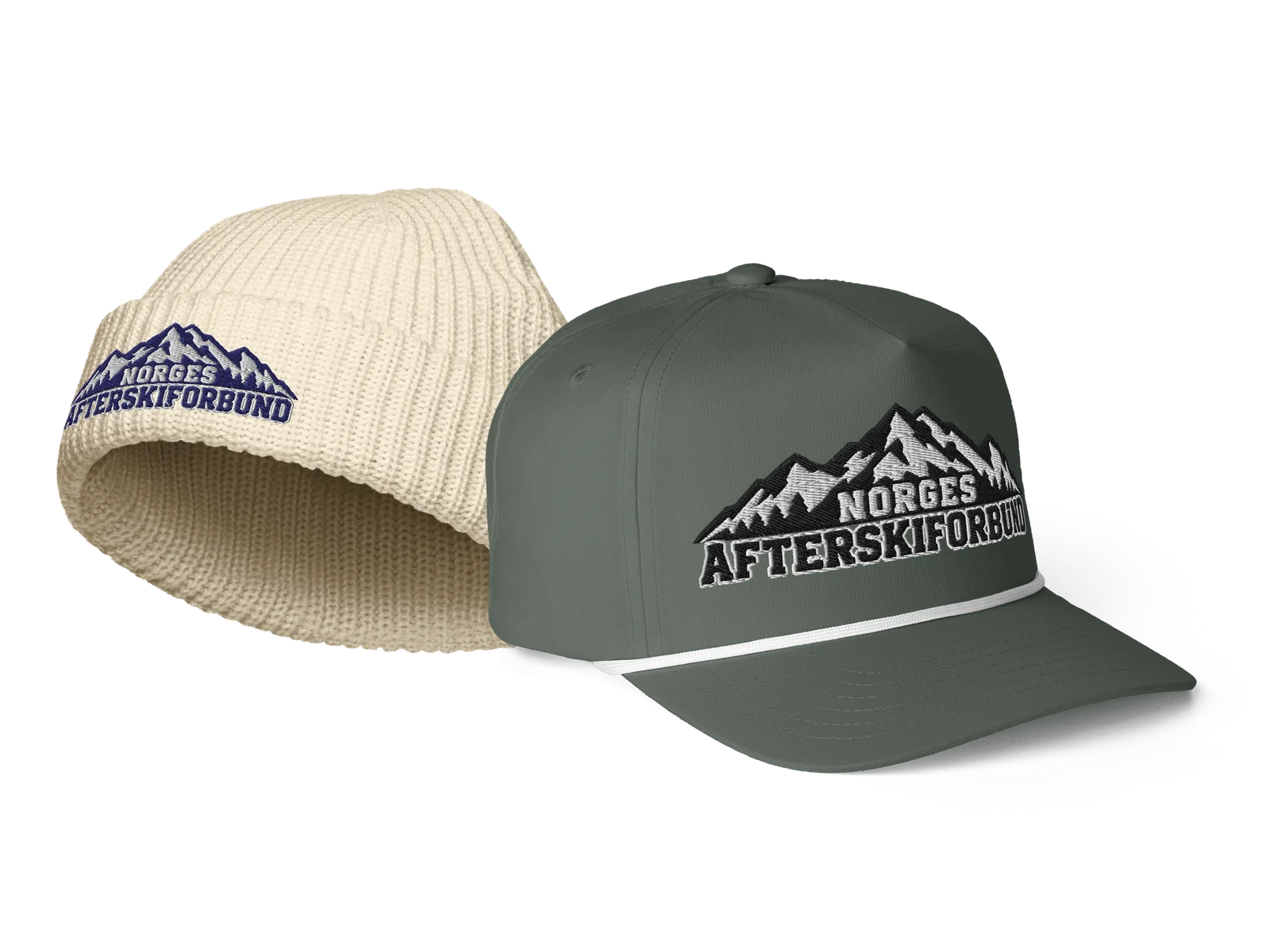 Lue i ecru og caps i mose med brodert merke for Norges Afterskiforbund